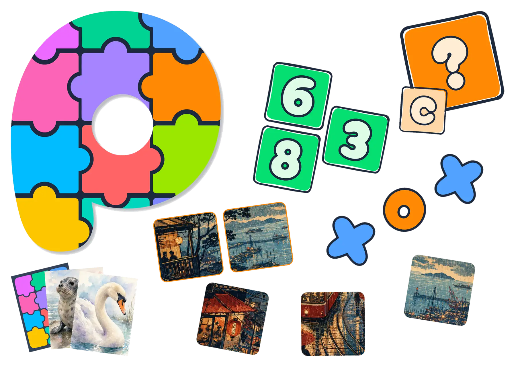 The Pusles P built from jigsaw pieces, with number tiles, picture cards and game markers around it