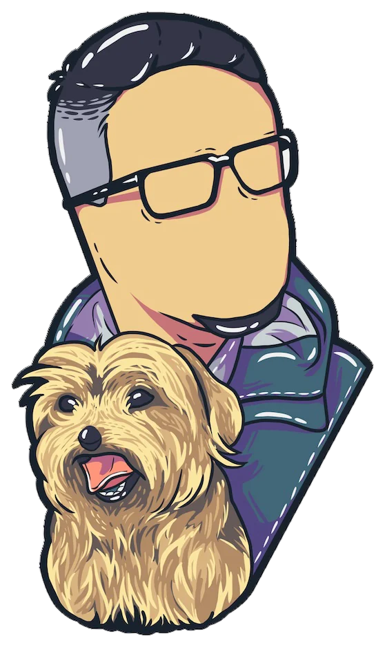 Illustrated portrait of David Gomez with a dog